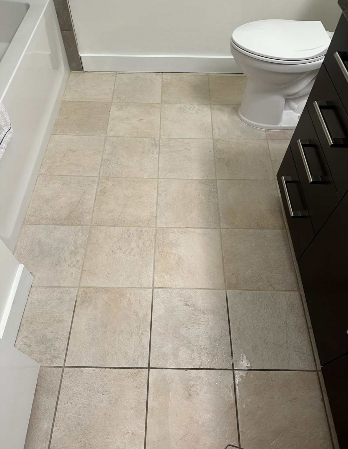 Dirty bathroom floor grout before professional cleaning